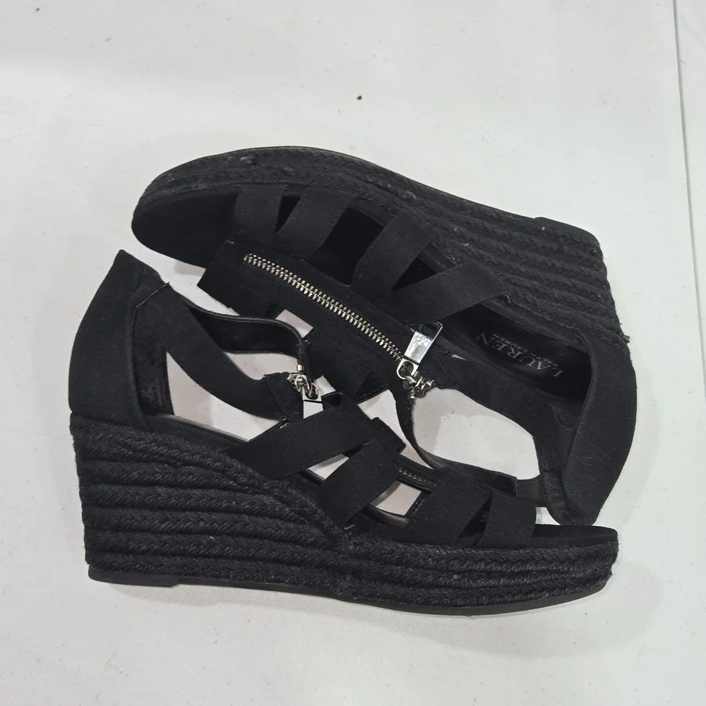 Lauren Ralph Lauren Kelcie Black Canvas Wedge Espadrille Sandals Womens 9B AC658